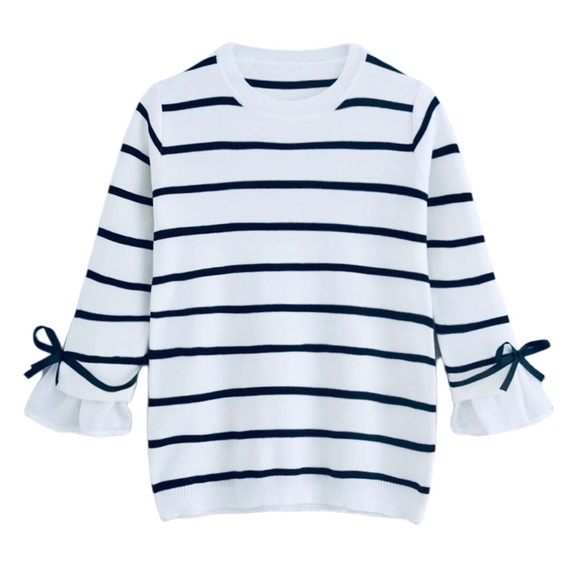 Striped Tie Detail Flounce Sleeve Sweater - Picture 1 of 7